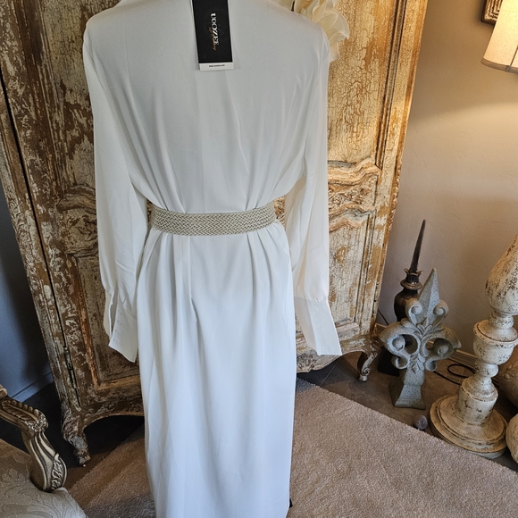 Elegant White Pleated-Front Maxi Dress with Long Sleeves - Picture 8 of 13